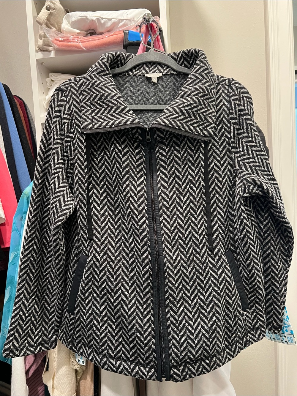 Talbots Black & White Herringbone Zip-Front Sweater Jacket